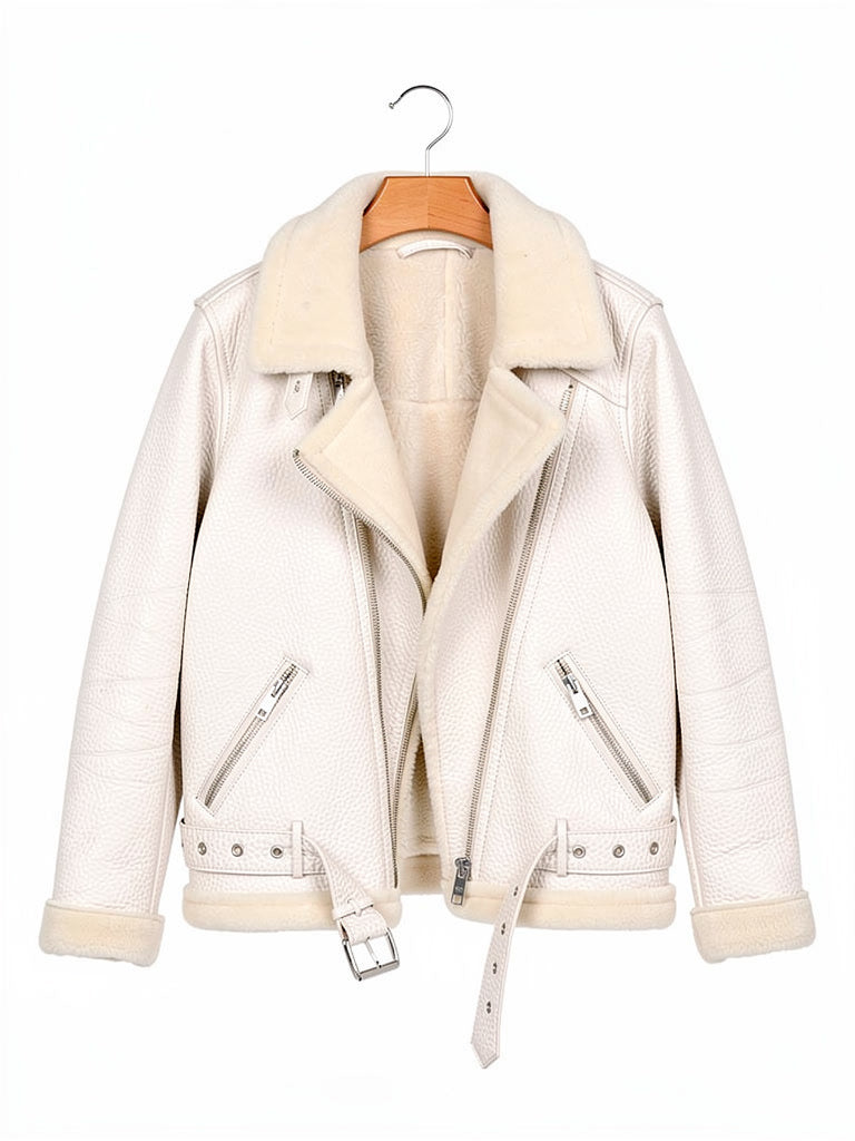 Faux shearling jacket on a hanger in Calico, the cream colourway of the Batsford aviator jacket