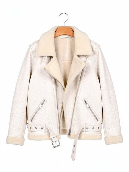 Faux shearling jacket on a hanger in Calico, the cream colourway of the Batsford aviator jacket