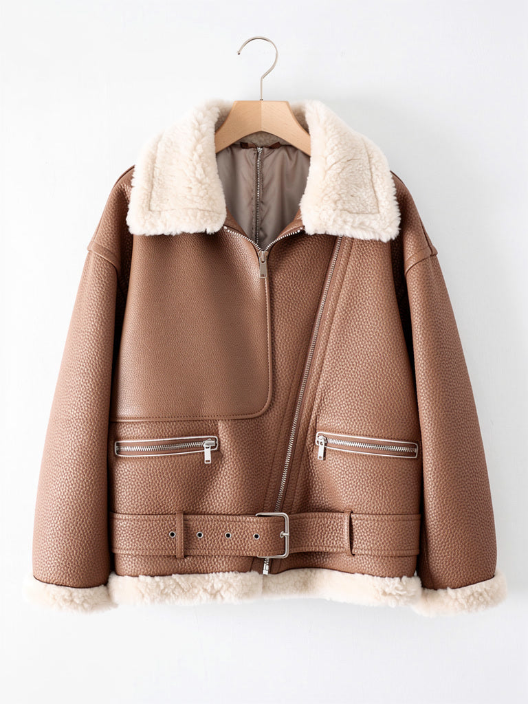 Faux shearling jacket on a hanger in Pecan showing its belted aviator cut, Batsford by Harlbury