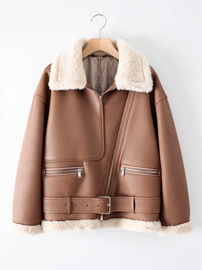 Faux shearling jacket on a hanger in Pecan showing its belted aviator cut, Batsford by Harlbury