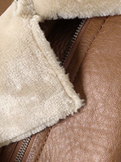 Close up of the faux shearling collar meeting the pebbled faux leather of the Batsford aviator jacket