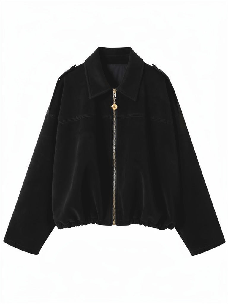 Black faux suede bomber jacket with an elasticated blouson hem, front view