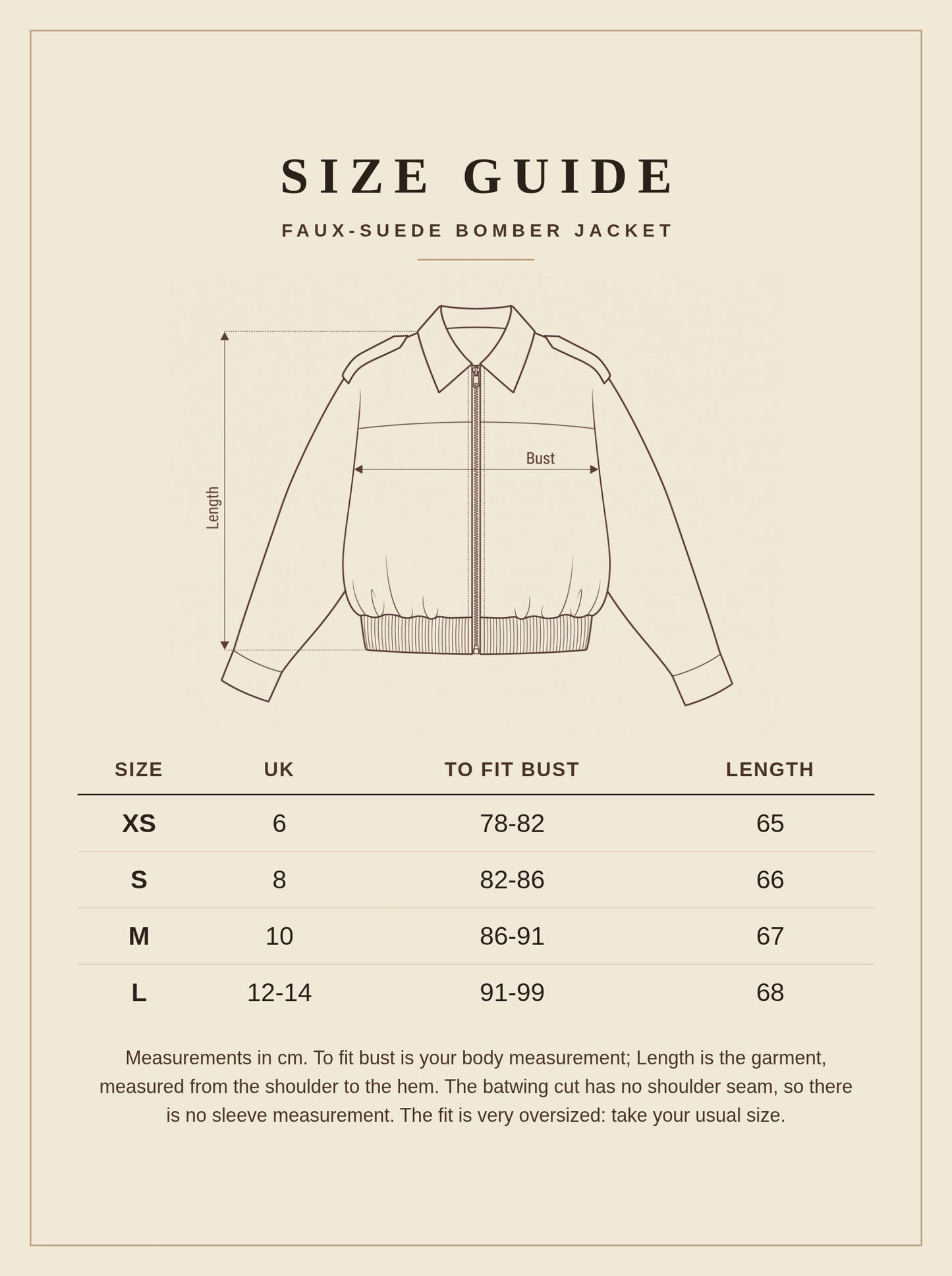 Wickham faux suede bomber jacket size guide with garment measurements in cm