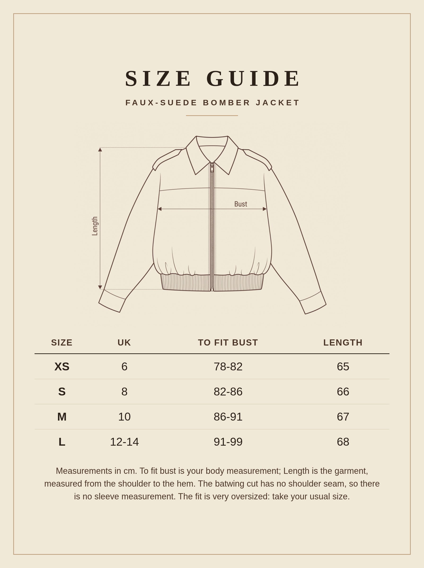 Wickham faux suede bomber jacket size guide with garment measurements in cm