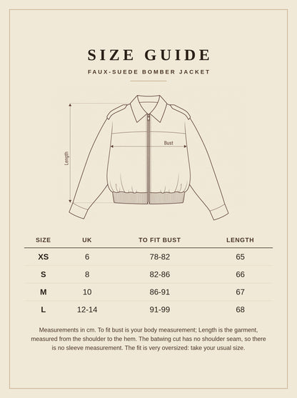 Wickham faux suede bomber jacket size guide with garment measurements in cm