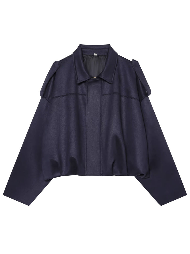 Slate navy faux suede bomber jacket, front view