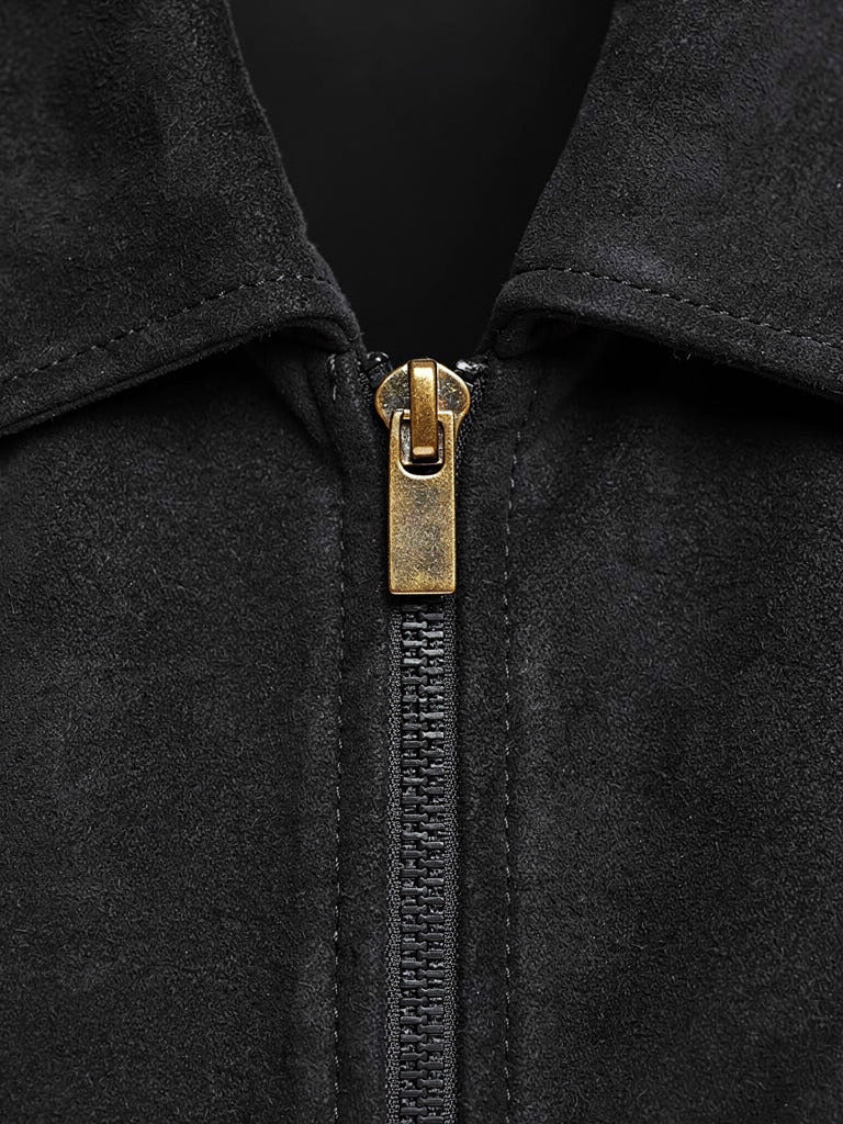 Matte suedette nap and centre front zip of the Wickham faux suede bomber jacket