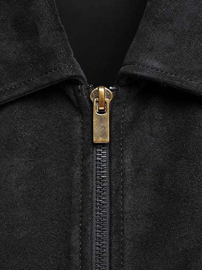 Matte suedette nap and centre front zip of the Wickham faux suede bomber jacket