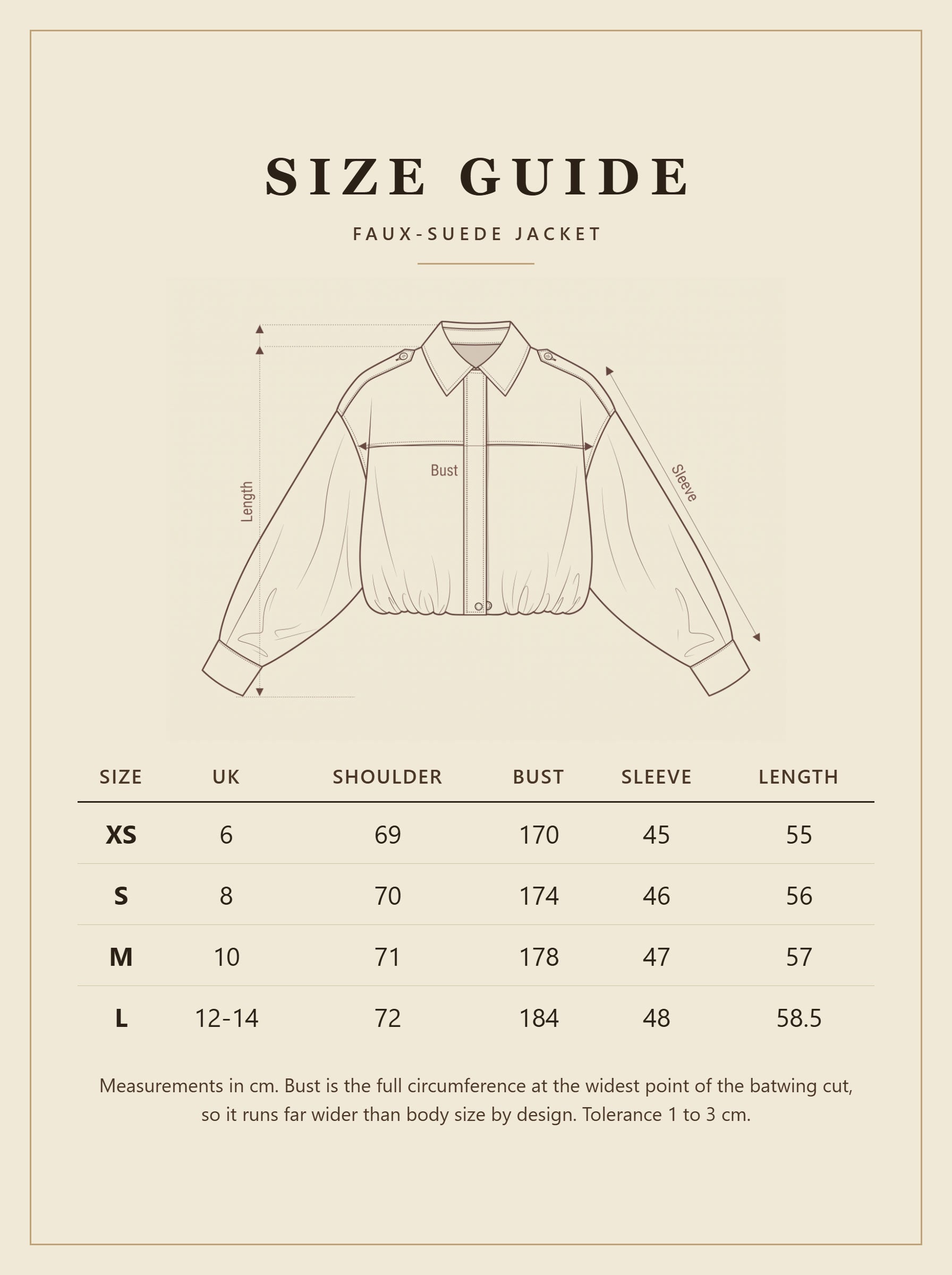 Hartfield faux-suede jacket size guide with garment measurements in cm