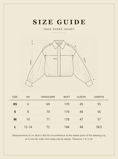 Hartfield faux-suede jacket size guide with garment measurements in cm
