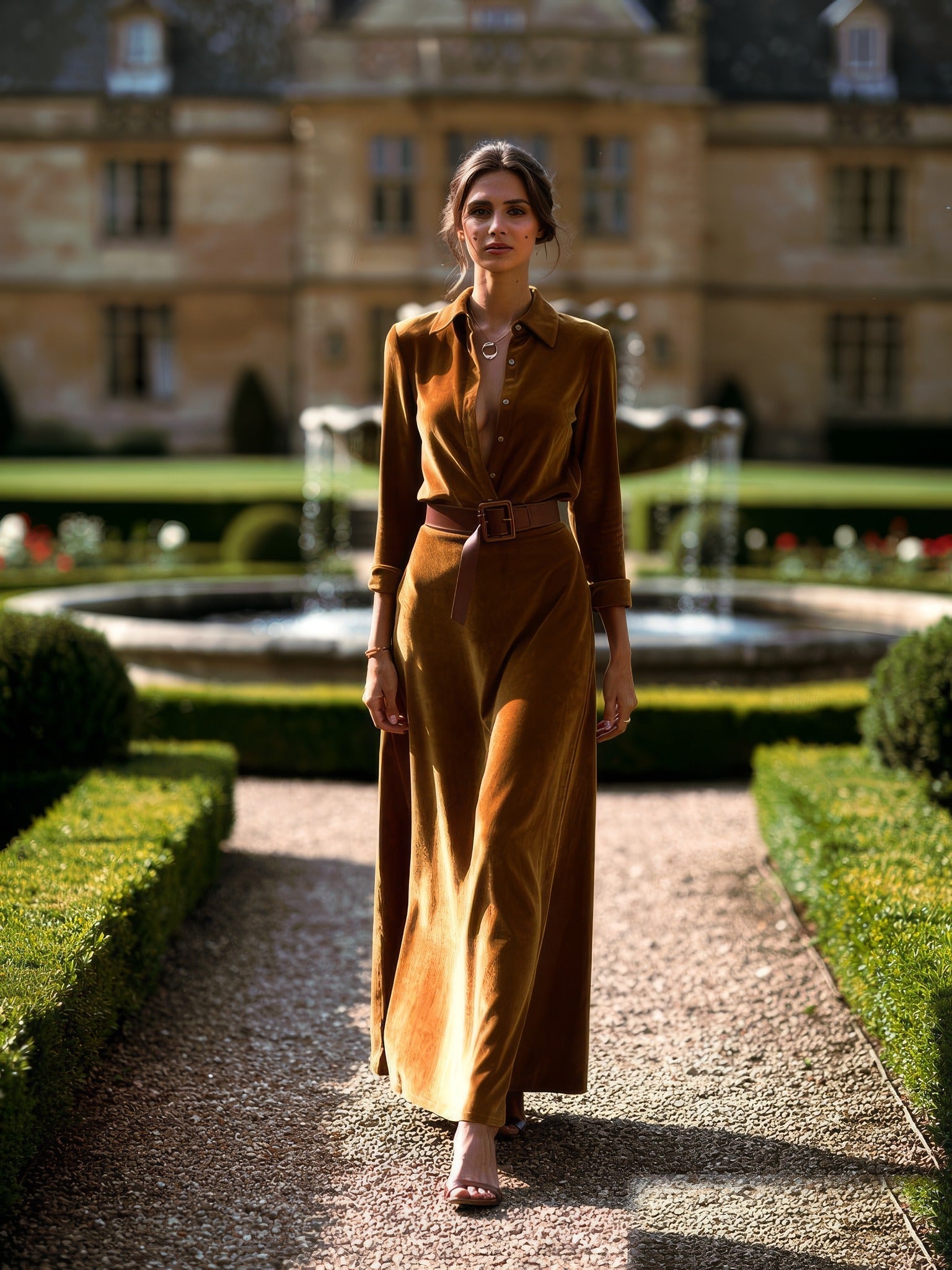 Faux-suede maxi shirt dress in Tan, belted, worn in a formal garden