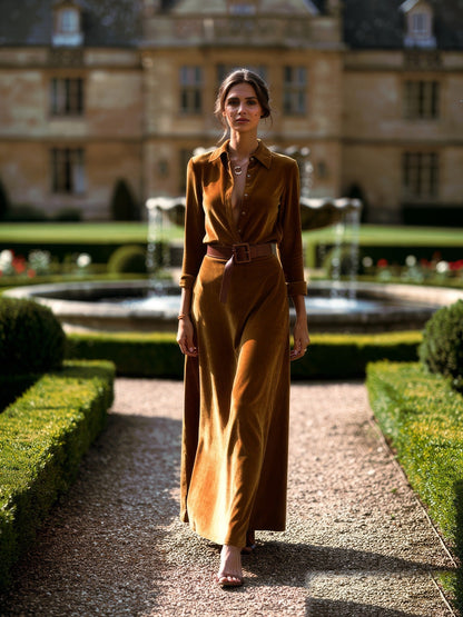 Faux-suede maxi shirt dress in Tan, belted, worn in a formal garden