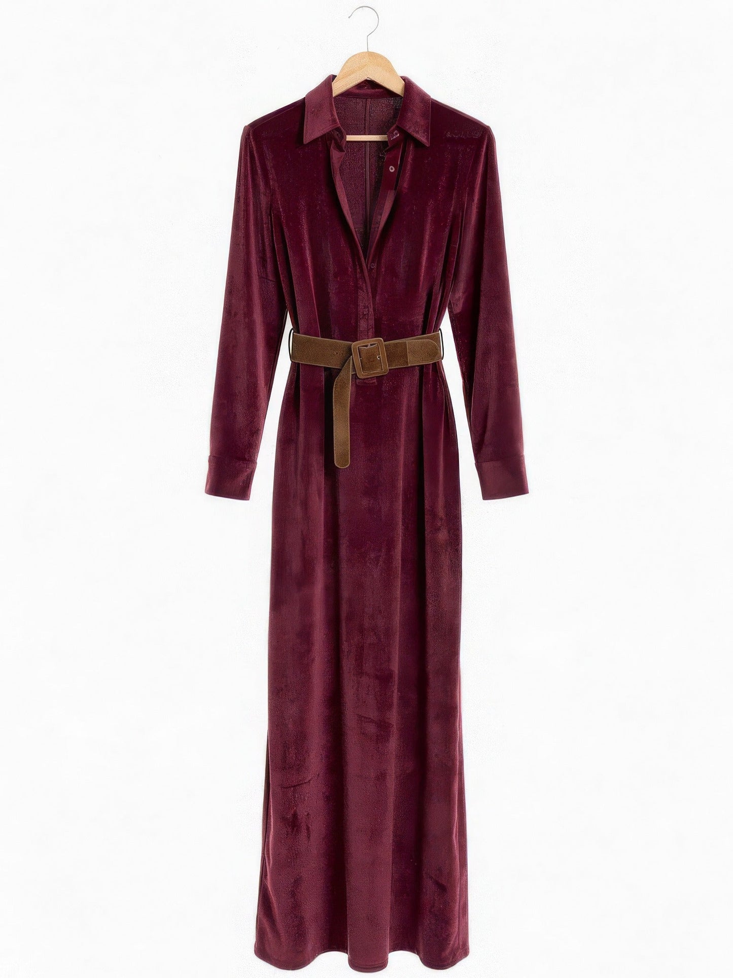 Faux-suede maxi shirt dress in Burgundy on a hanger, front view