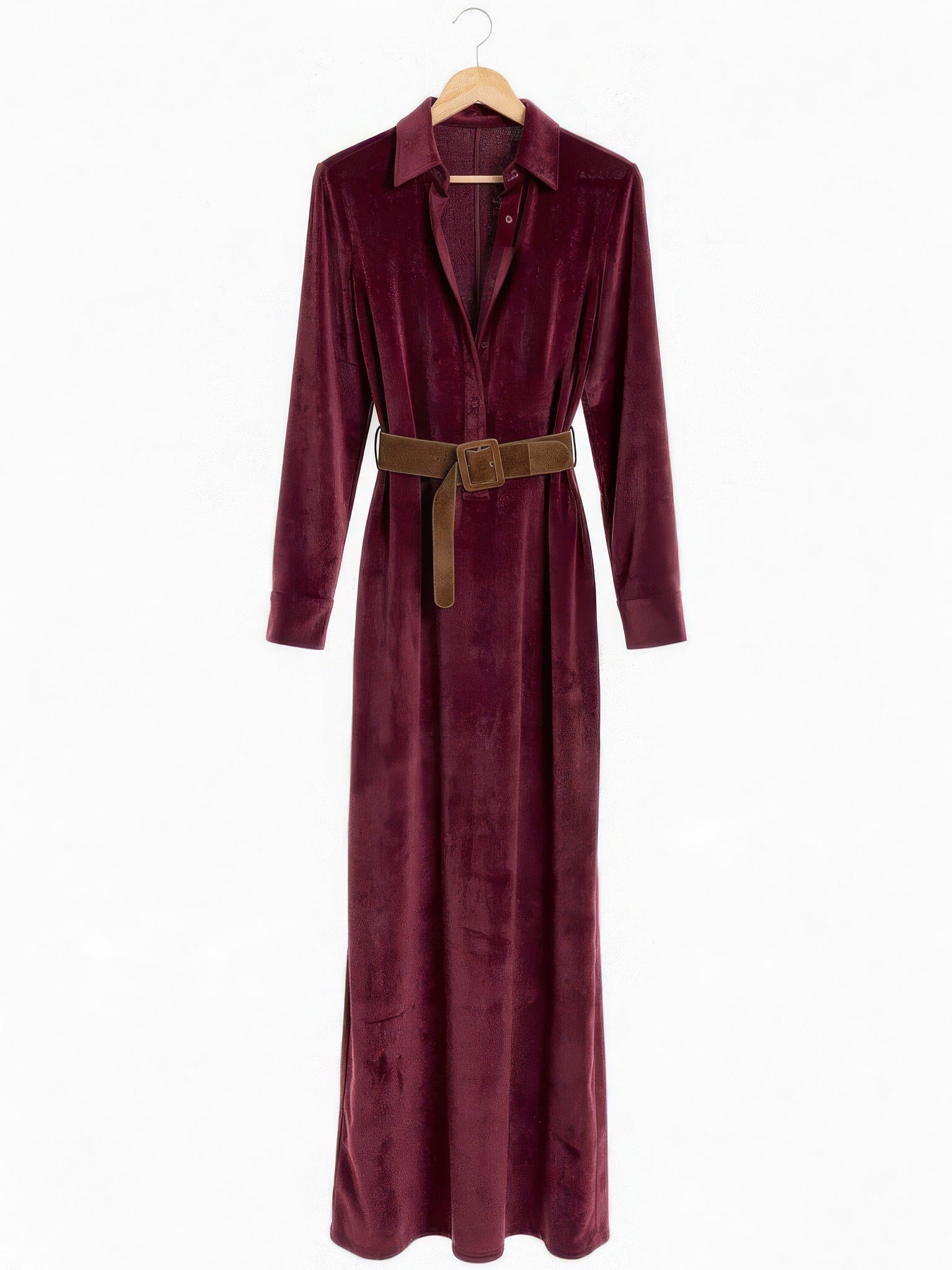Faux-suede maxi shirt dress in Burgundy on a hanger, front view