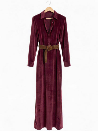 Faux-suede maxi shirt dress in Burgundy on a hanger, front view