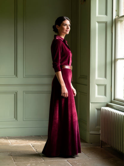 Faux-suede maxi shirt dress in Burgundy, belted, worn indoors