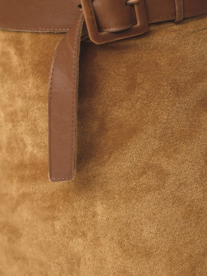 Close-up of the soft faux-suede fabric and leather-look belt
