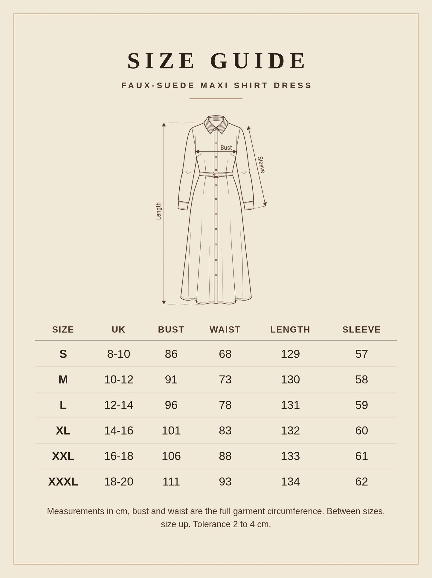 Size guide for the Faux-Suede Maxi Shirt Dress
