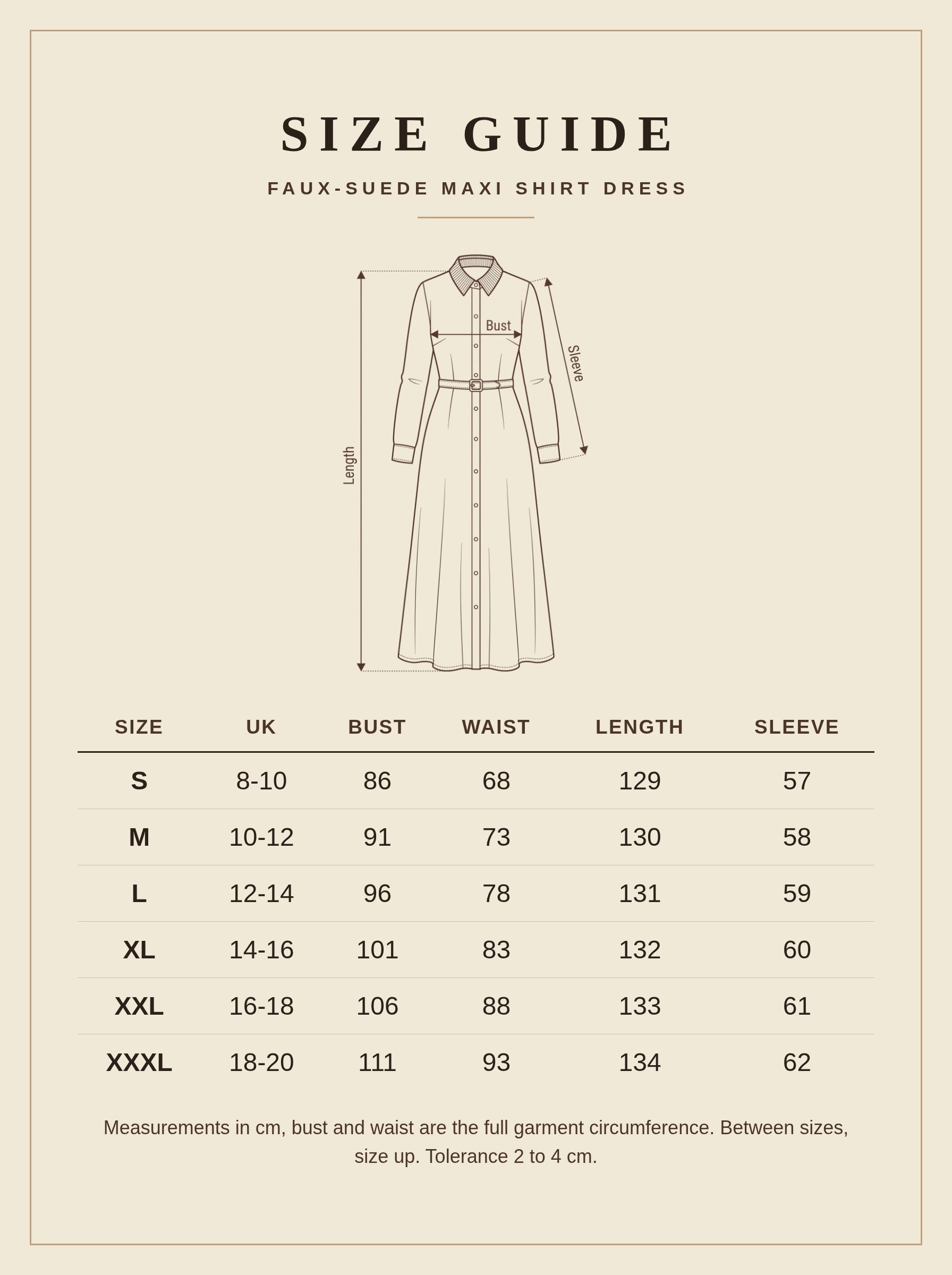 Size guide for the Faux-Suede Maxi Shirt Dress