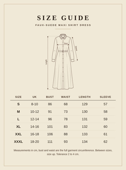 Size guide for the Faux-Suede Maxi Shirt Dress