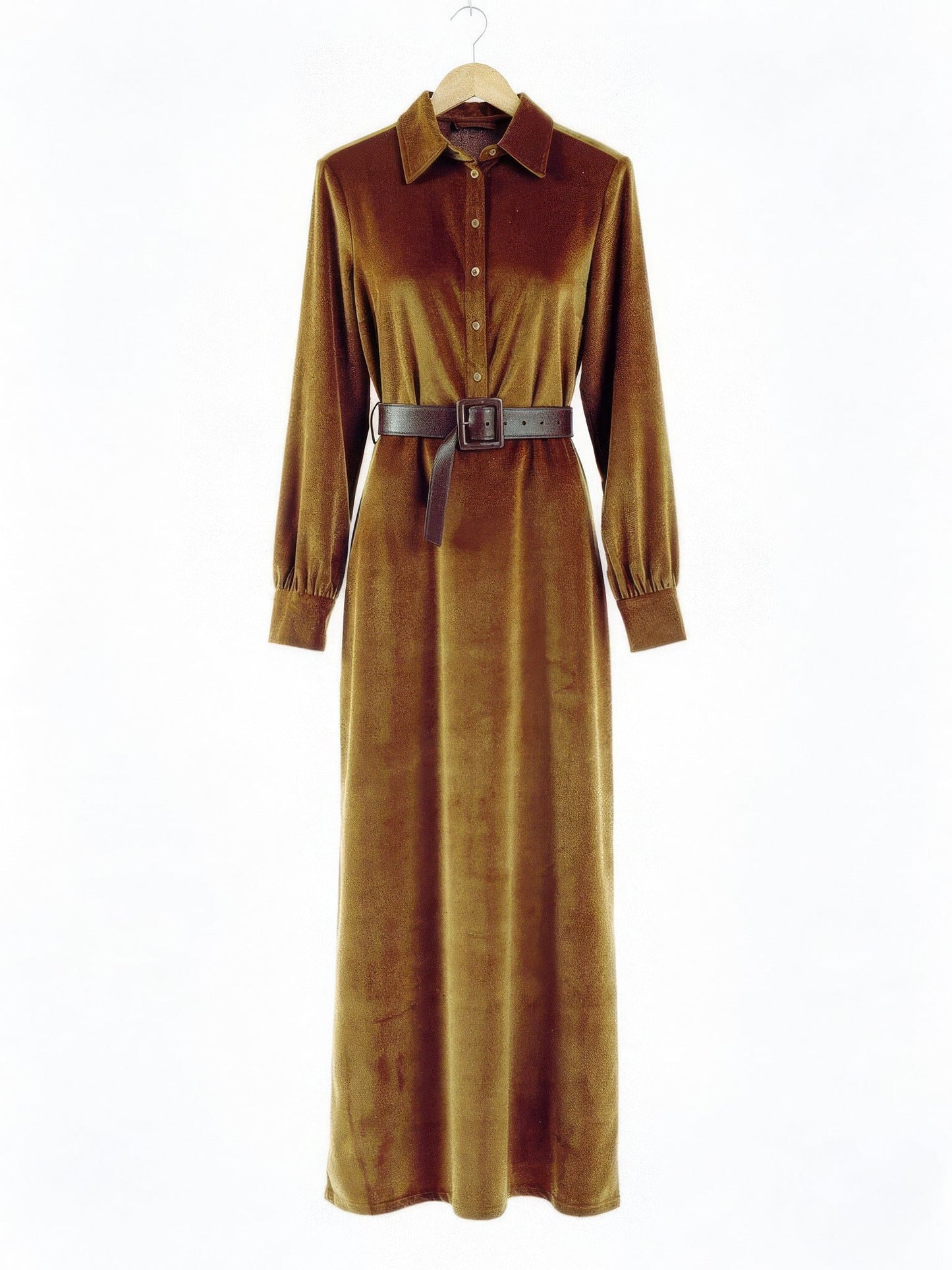Faux-suede maxi shirt dress in Tan on a hanger, front view