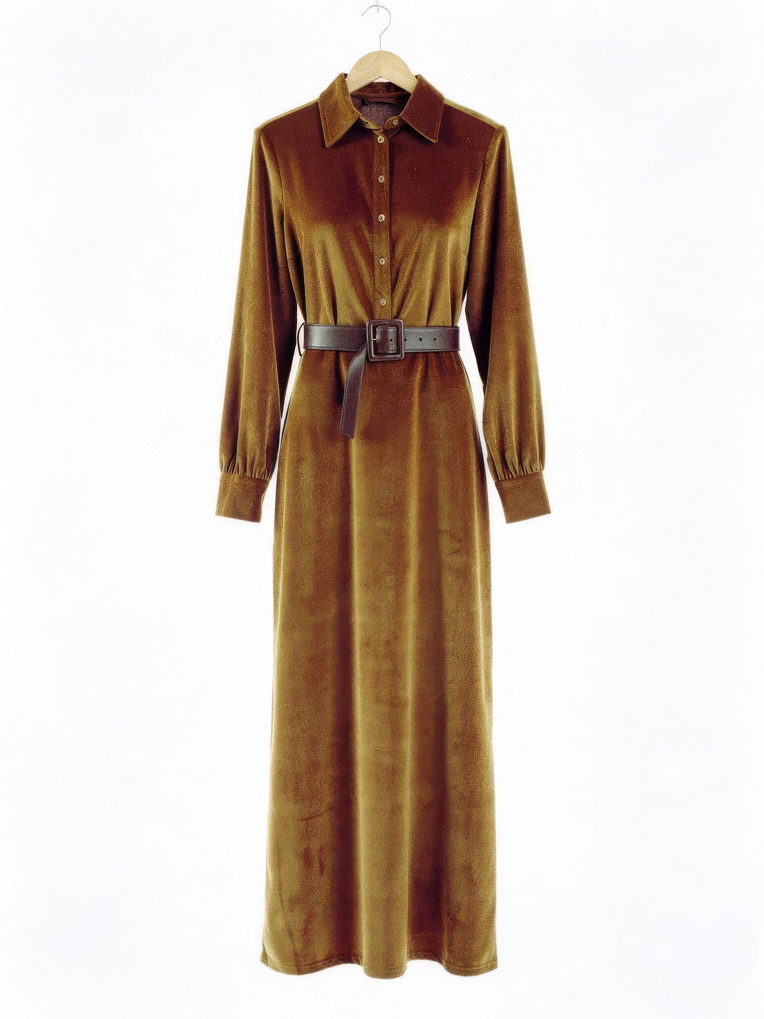 Faux-suede maxi shirt dress in Tan on a hanger, front view
