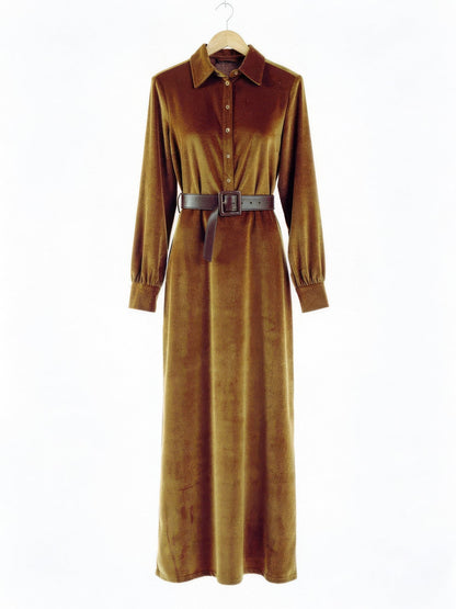 Faux-suede maxi shirt dress in Tan on a hanger, front view