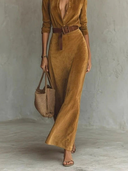 Faux-suede maxi shirt dress in Tan, full-length worn