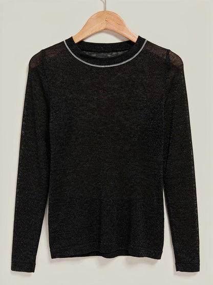 Black fine-knit shimmer jumper with a silver bead trim on a wooden hanger