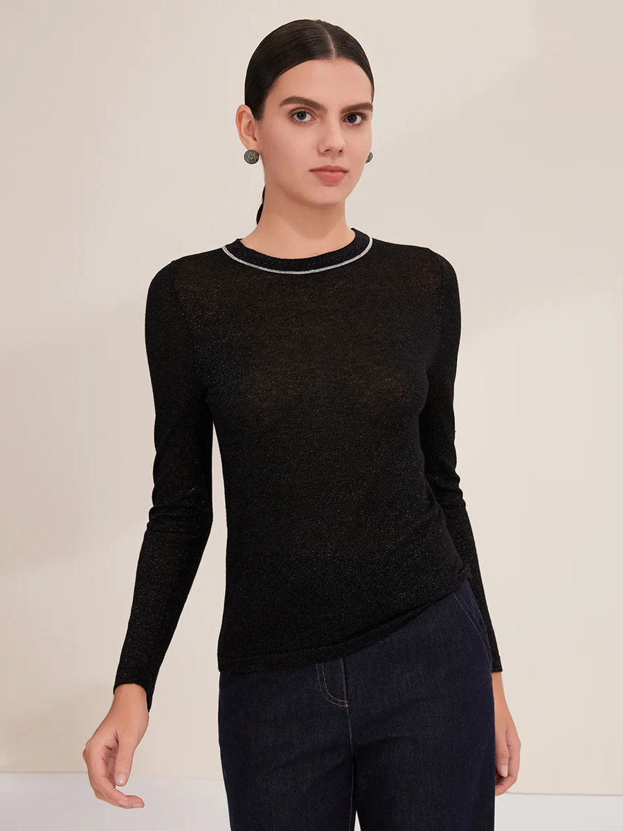 Black fine-gauge shimmer jumper worn, fitted crew neck sparkle knit