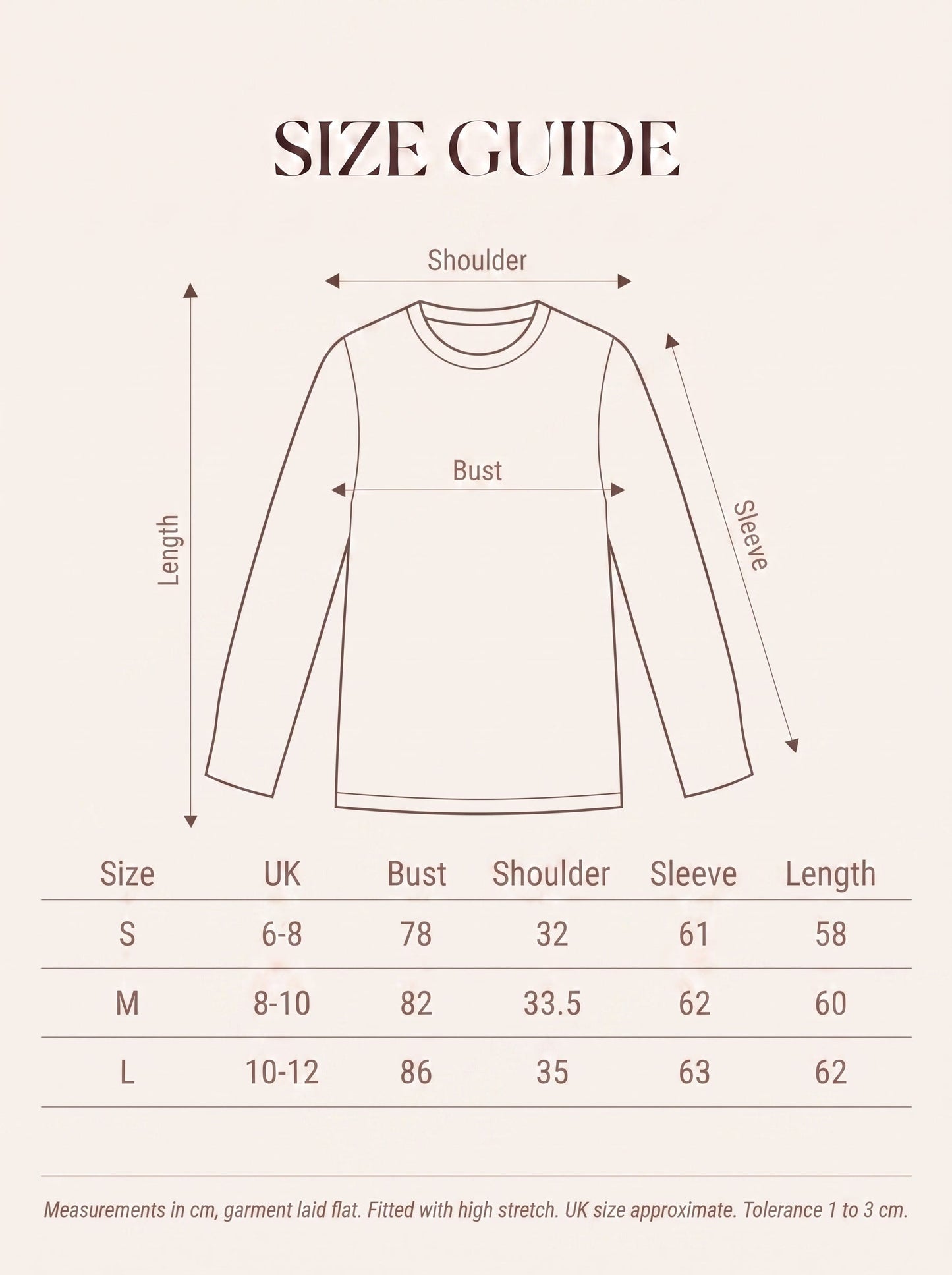 Size guide for the fine-gauge shimmer jumper, measurements in cm for sizes S to L