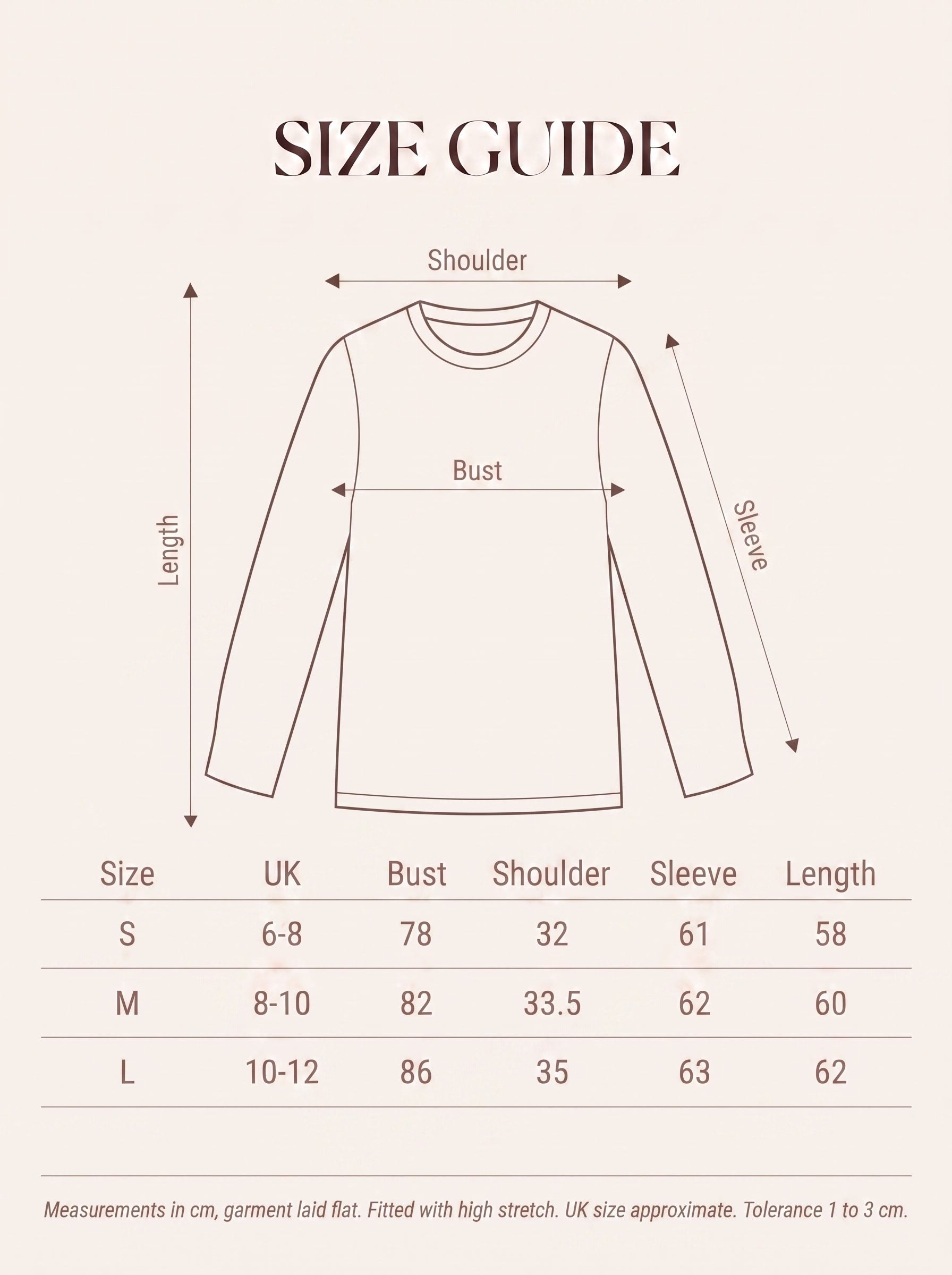 Size guide for the fine-gauge shimmer jumper, measurements in cm for sizes S to L