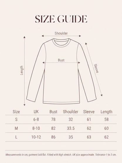 Size guide for the fine-gauge shimmer jumper, measurements in cm for sizes S to L