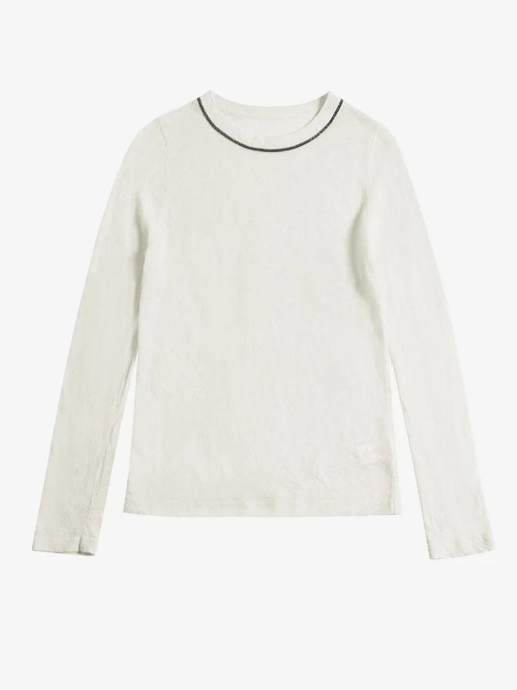 Soft white fine-gauge shimmer jumper flat lay showing the sheer sparkle knit