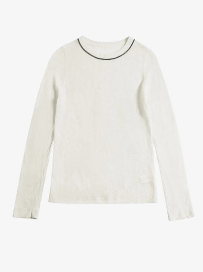 Soft white fine-gauge shimmer jumper flat lay showing the sheer sparkle knit