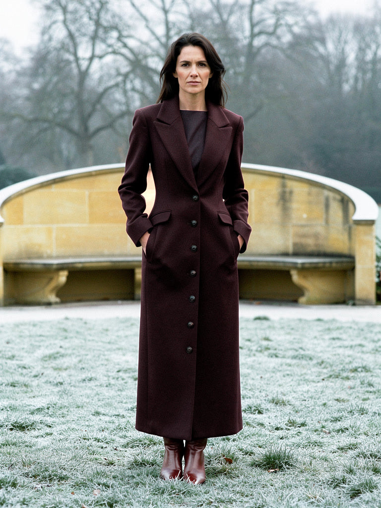 Woman wearing a fitted longline coat in Cabernet burgundy, buttoned to mid thigh, in a frosted English park