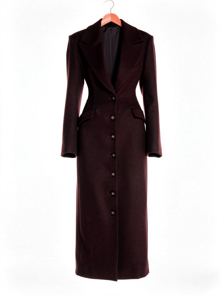 Fitted longline coat in Cabernet burgundy on a hanger, single breasted with a notch lapel and seven horn buttons