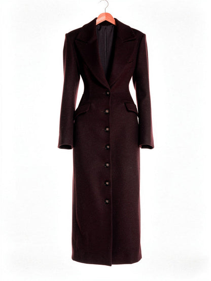 Fitted longline coat in Cabernet burgundy on a hanger, single breasted with a notch lapel and seven horn buttons