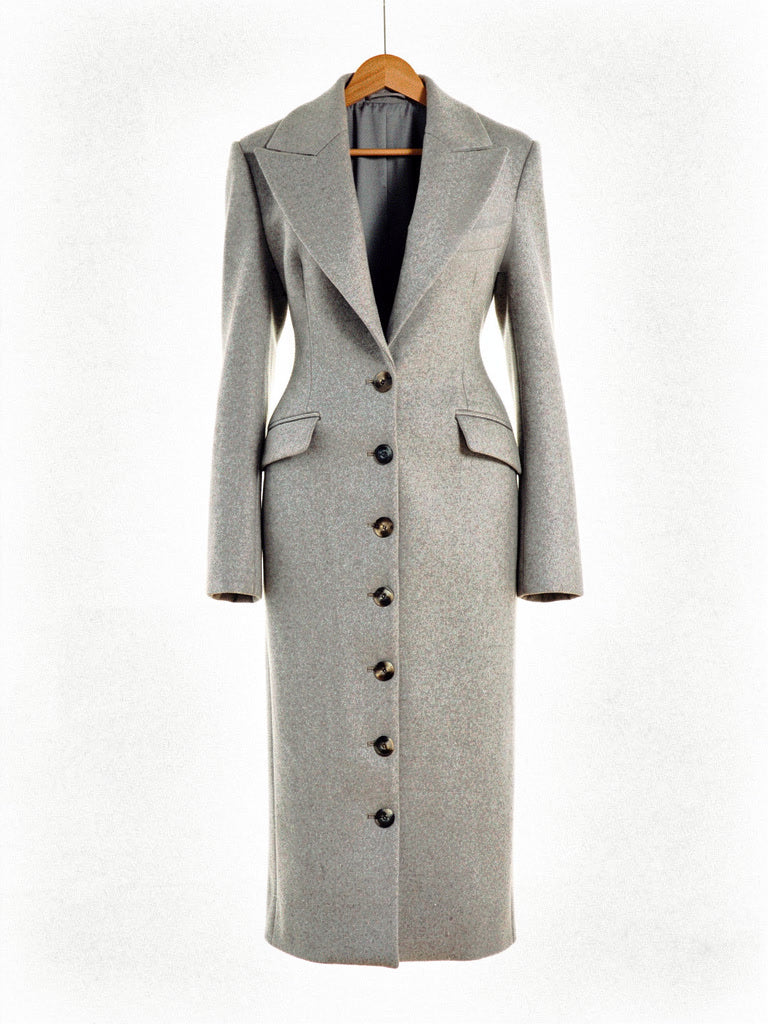Fitted longline coat in Pumice marled grey on a hanger, notch lapel and two hip flap pockets
