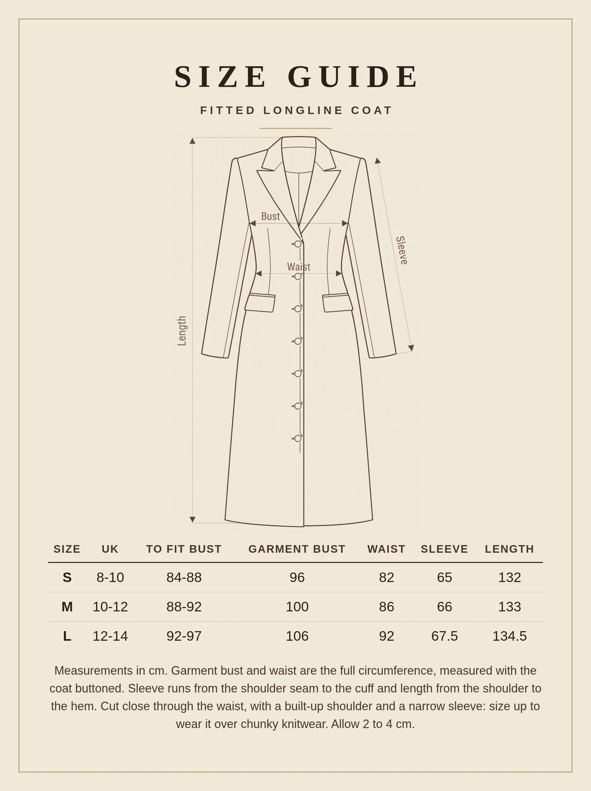 Size guide for the fitted longline coat, sizes S to L in centimetres