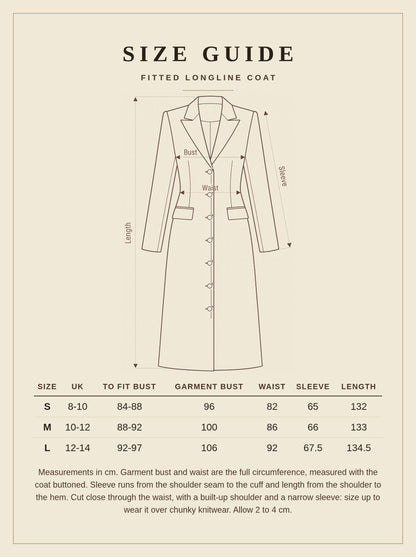 Size guide for the fitted longline coat, sizes S to L in centimetres
