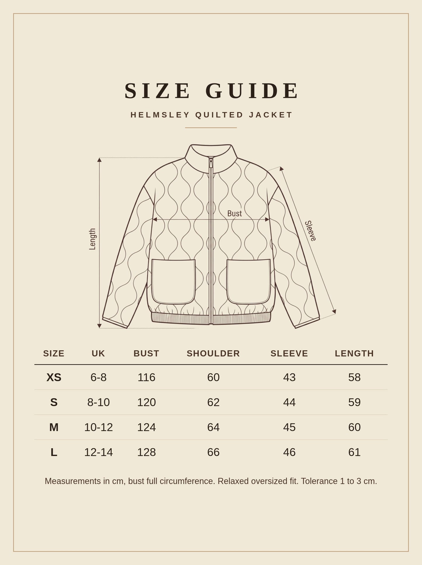 Helmsley quilted jacket size guide, measurements in cm