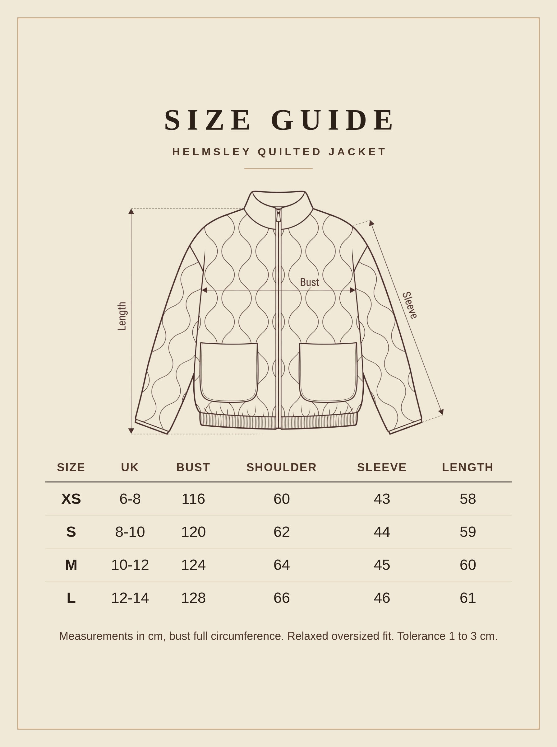 Helmsley quilted jacket size guide, measurements in cm