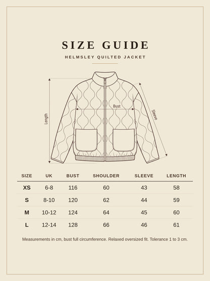 Helmsley quilted jacket size guide, measurements in cm