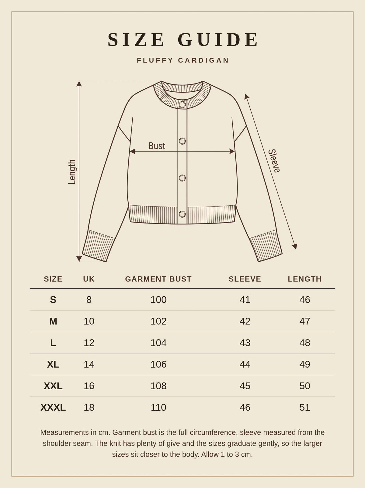 Size guide for the fluffy cardigan, UK sizes 8 to 18 with garment measurements in cm