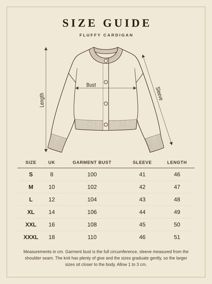 Size guide for the fluffy cardigan, UK sizes 8 to 18 with garment measurements in cm
