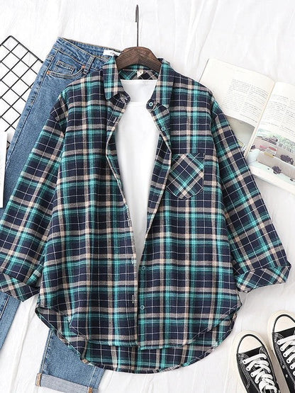 Forest green check flannel overshirt laid flat
