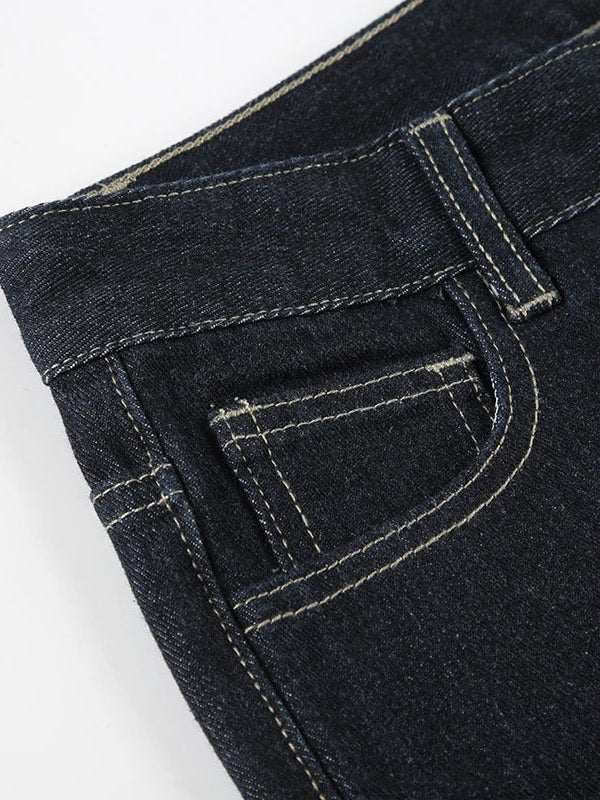 Close-up of the gold-tone topstitching and front pocket of the Foxton flared jeans