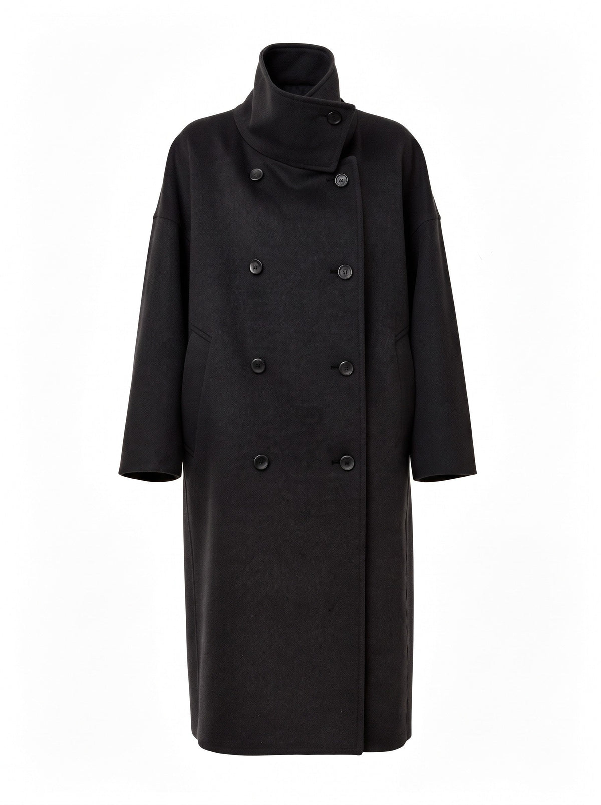 Funnel neck coat in Caviar black wool blend, front view