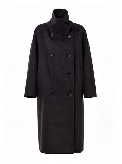 Funnel neck coat in Caviar black wool blend, front view